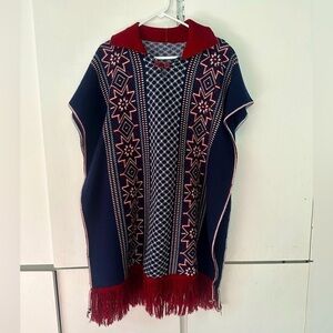 Vintage Hand Knit Patriotic Shawl shrug Poncho Wool